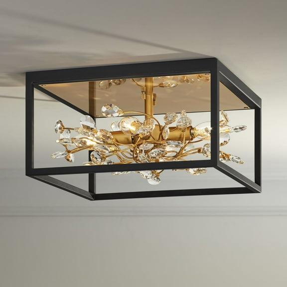 Possini Euro Design Carrine Modern Ceiling Light Flush Mount Fixture 14 1/4" Wide Black Gold 4-Light Clear Crystal for Bedroom Kitchen Living Room