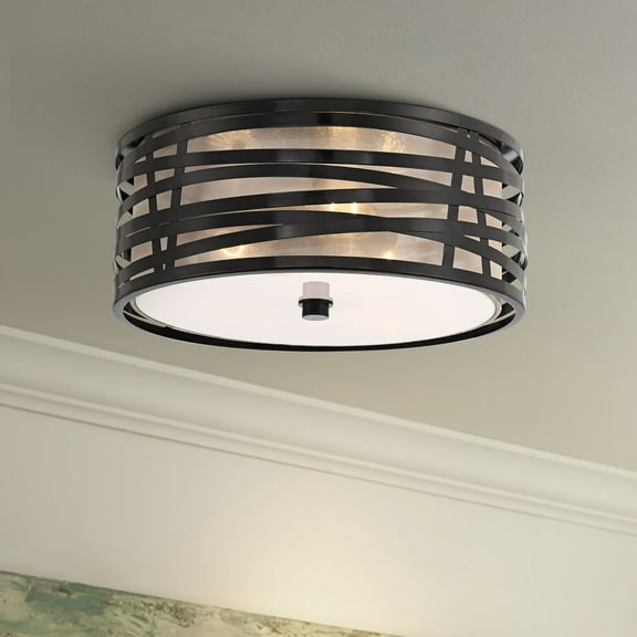 Possini Euro Design Cassia Modern Industrial Ceiling Light Flush Mount Fixture 15" Gloss Black 3-Light Champagne Shade for Bedroom House