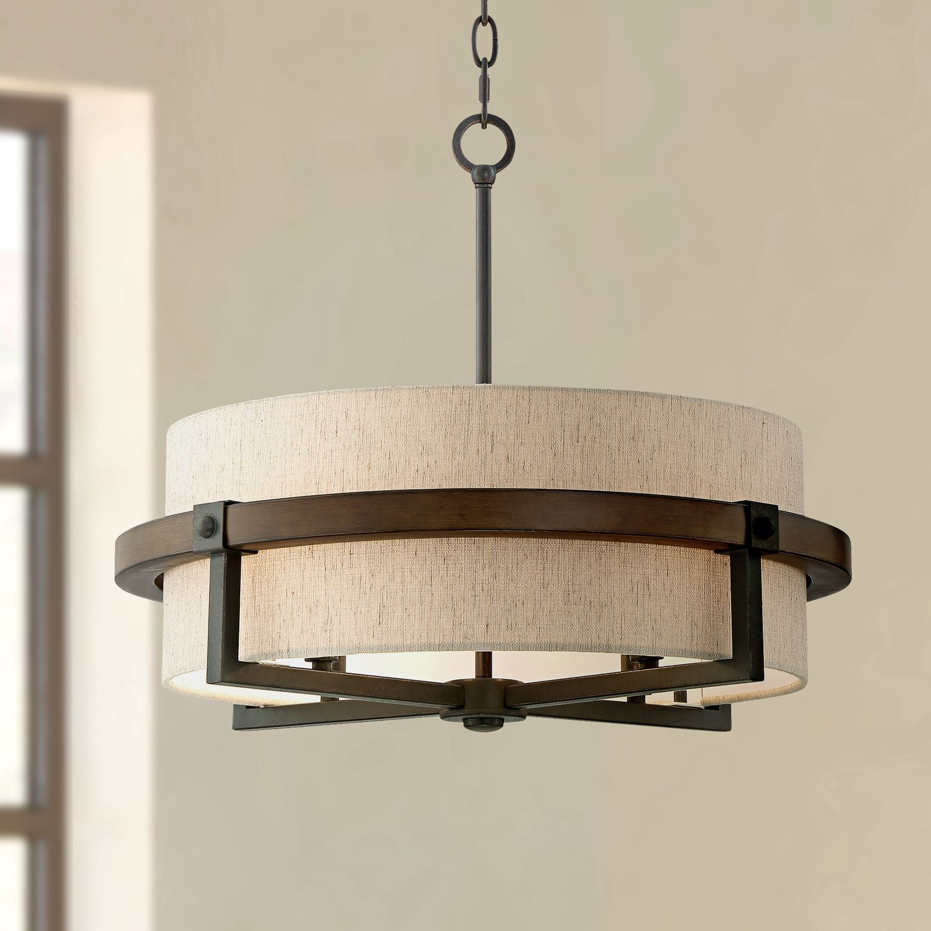 Possini Euro Design Castille Bronze Faux Wood Pendant Chandelier 22" Wide Farmhouse Rustic Tan Shade 4-Light Fixture for House