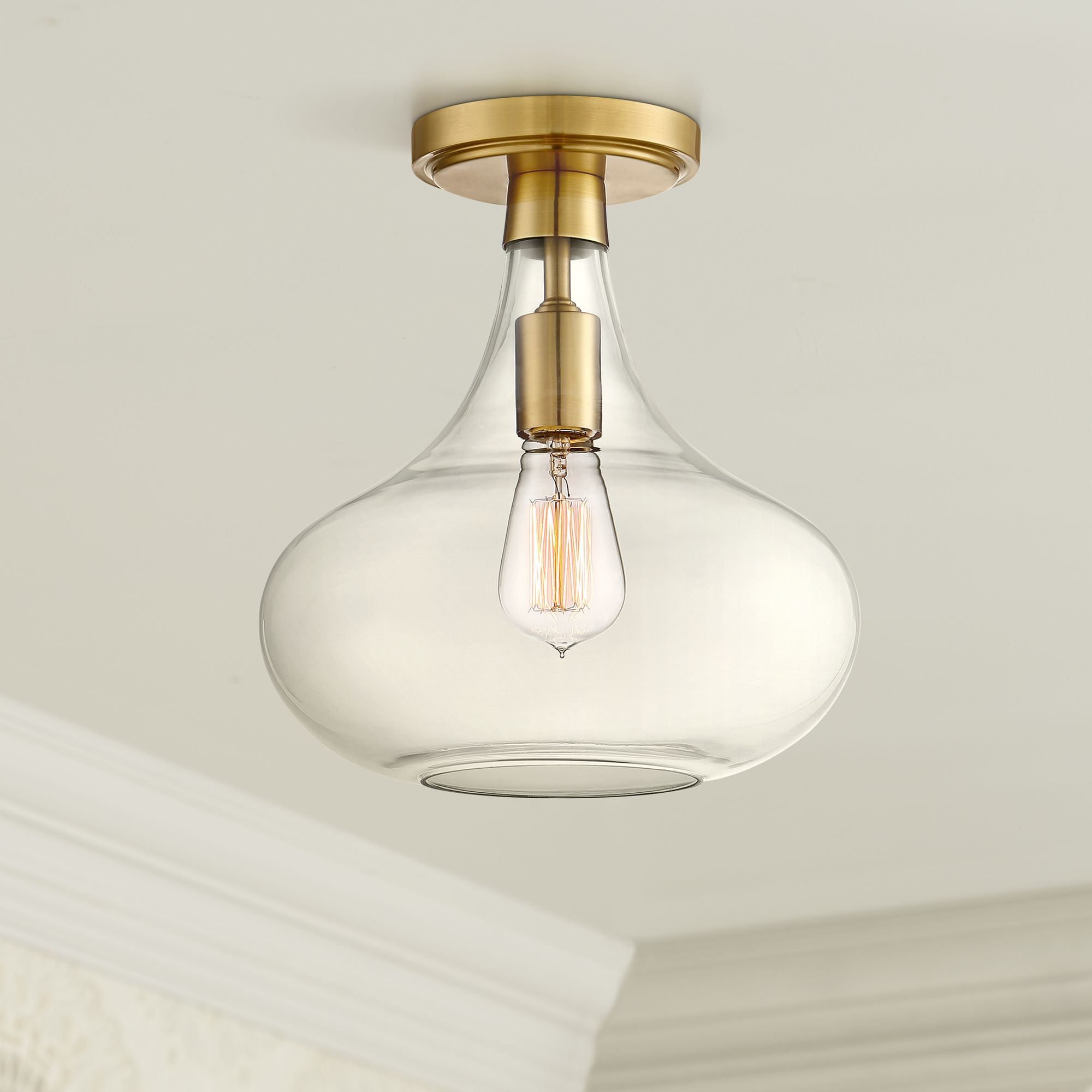 Warm Antique Brass and Clear Glass Semi-Flush Mount Ceiling Light