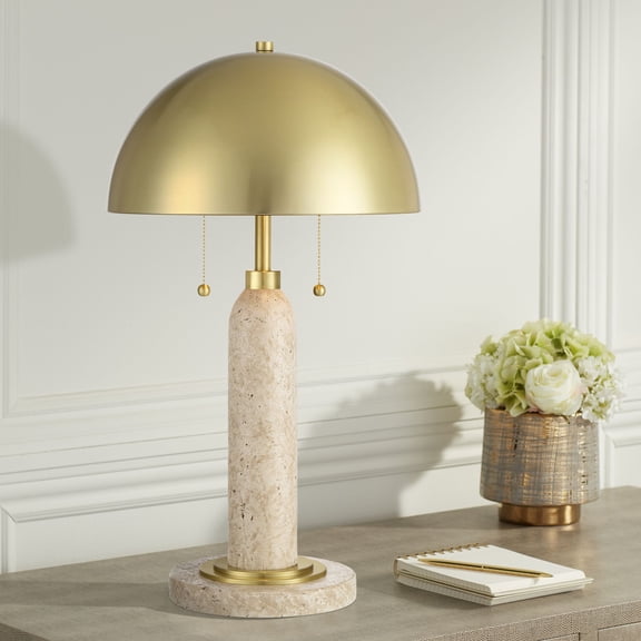 Possini Euro Design Chanterelle 24 1/2" High Mid Century Modern Table Lamp Pull Chain Beige Faux Stone Finish Brass Dome Shade