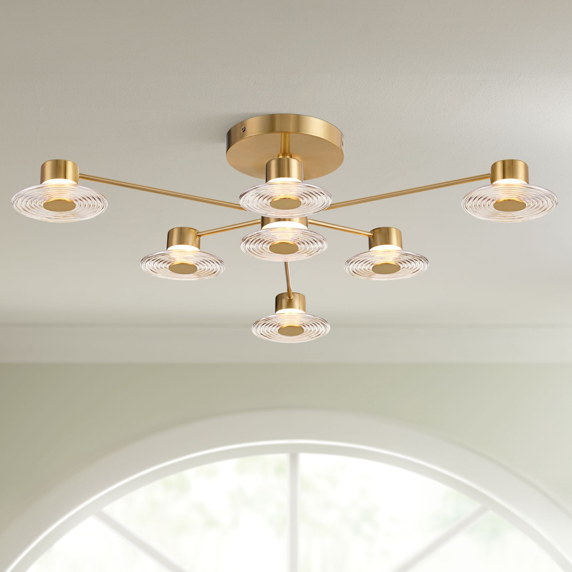 Ultra Modern Gold Semi Flush Mount LED Ceiling Light with Amber Glass