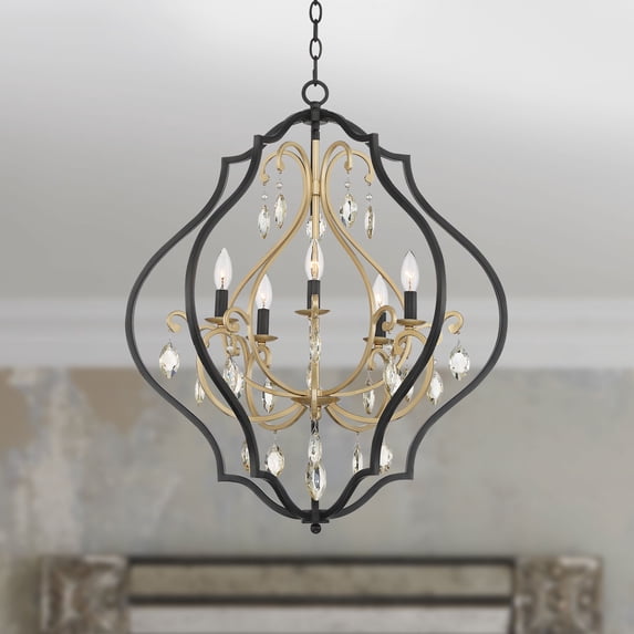 Possini Euro Design Clara Black Gold Pendant Chandelier 27" Wide Industrial Ornate Cage Amber Crystal 5-Light Fixture for Dining Room Kitchen Island