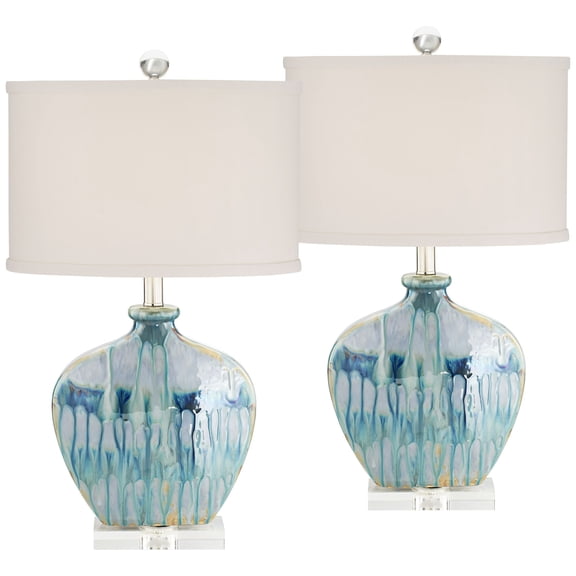 Possini Euro Design Coastal Table Lamps 25" High Set of 2 Ceramic Blue Drip Off White Shade for Living Room Family Bedroom Home (Colors may vary)