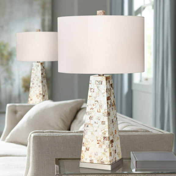 Possini Euro Design Coastal Table Lamps 29" Tall Set of 2 with Nightlight Mother of Pearl Handmade White Drum Shade for Bedroom (Color May Vary)