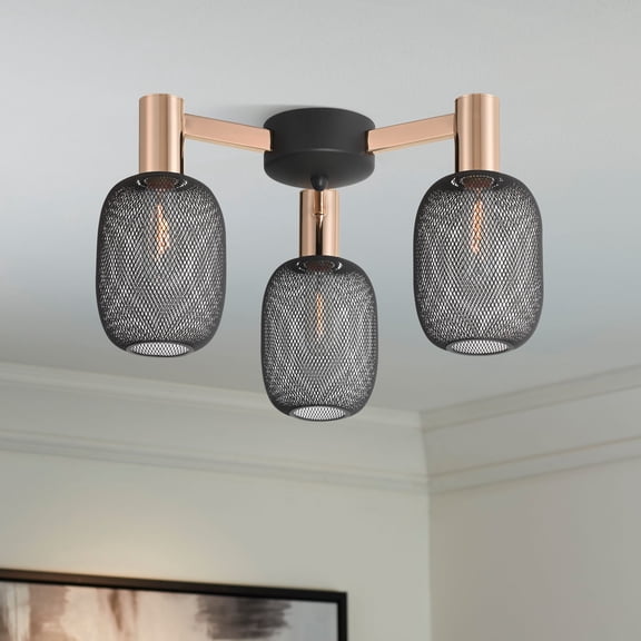 Possini Euro Design Coburn 16 3/4" Modern Semi Flush-Mount Ceiling Light Fixture Kitchen 3-Light Black Rose Gold Finish Mesh Metal