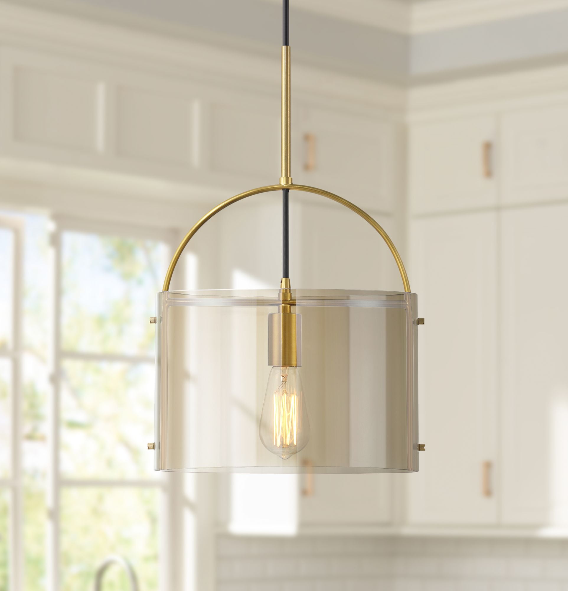 Soft Gold and Cognac Glass Mini Drum Pendant Light