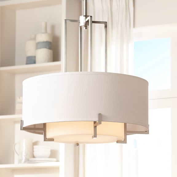 Possini Euro Design Concentric Brushed Nickel Pendant Chandelier 25" Wide Modern White Fabric Drum 4-Light for Dining Room House Foyer Kitchen Island