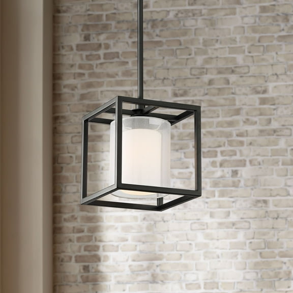Possini Euro Design Conroe Matte Black Metal Mini Pendant Light 9" Wide Sheer Outer White Glass Inner Shade for Dining Room Home Foyer Kitchen Bedroom