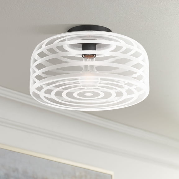 Possini Euro Design Cooper 12 3/4" Mid Century Modern Semi Flush-Mount Ceiling Light Fixture Kitchen Black Finish Ribbed Glass