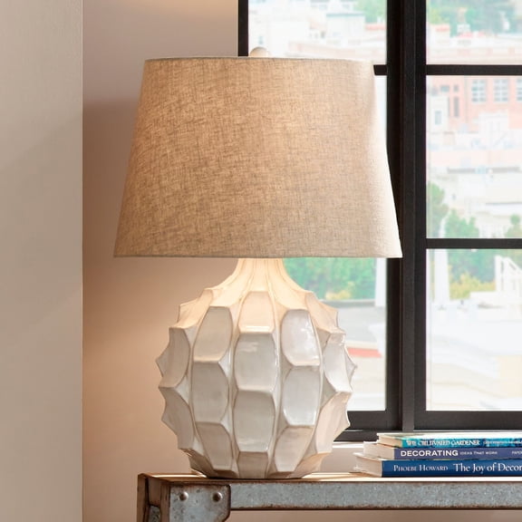 Possini Euro Design Cosgrove Modern Mid Century Table Lamp 26 1/2" High White Glazed Ceramic Light Brown Linen Drum Shade for Bedroom Living Room Home