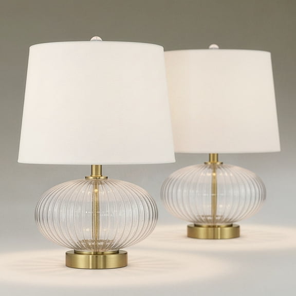 Possini Euro Design Darrah 19" High Small Mid Century Modern Accent Table Lamps Set of 2 USB Port Clear Glass Brass Finish Charging