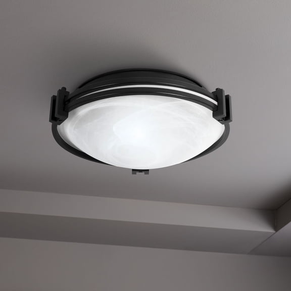 Possini Euro Design Deco Modern Ceiling Light Flush Mount Fixture 12 3/4" Wide Black 2-Light Marbleized White Glass Bowl Shade for Bedroom Kitchen