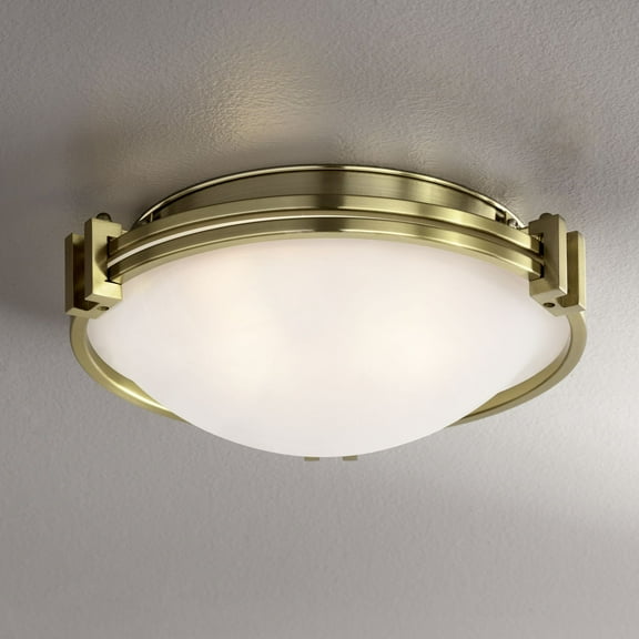 Possini Euro Design Deco Modern Ceiling Light Flush Mount Fixture 12 3/4" Wide Warm Brass 2-Light Satin White Glass for Bedroom Kitchen Living Room