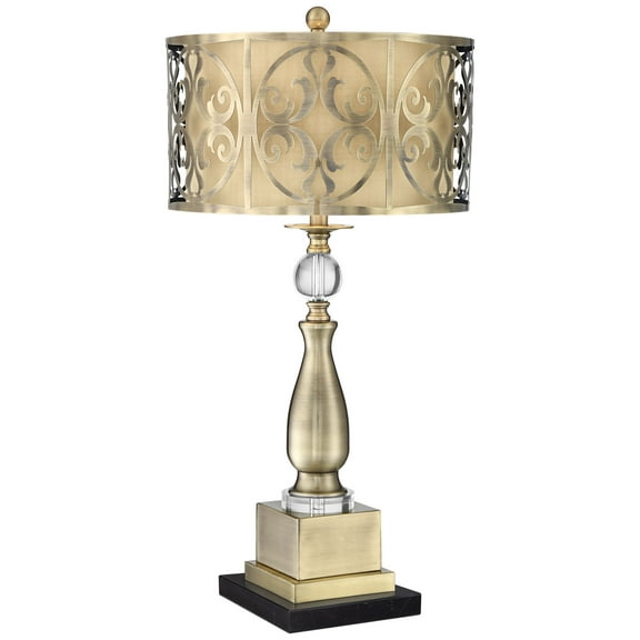 Possini Euro Design Doris Traditional Table Lamp with Black Marble Riser 30 1/2" Tall Brass Candlestick Openwork Double Drum Shades for Living Room