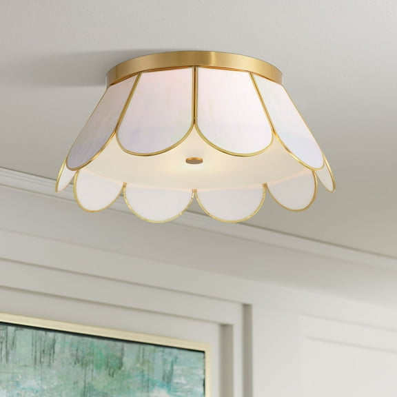 Possini Euro Design Eldridge 15 3/4" Modern Flush-Mount Ceiling Light Fixture Kitchen Foyer Flower Warm Brass Finish Seashell