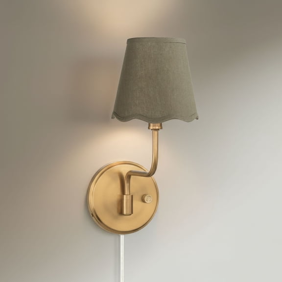 Possini Euro Design Emma 9 1/2"H Warm Brass Plug-In Wall Sconce Dark Sage Scallop Shade