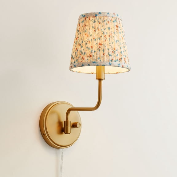 Possini Euro Design Ophelia 9 1/2"H Warm Brass Plug-In Floral Pleated Shade Wall Sconce