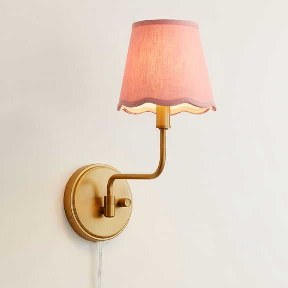 Possini Euro Design Ophelia 9 1/2"H Warm Brass Plug-In Wall Sconce with Pink Scallop Shade