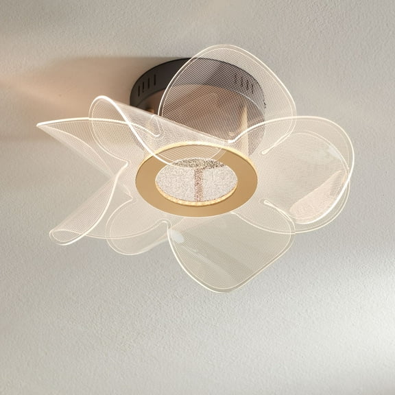 Possini Euro Design Etherea 16" Modern Organic Semi Flush-Mount Ceiling Light Fixture Kitchen Foyer Flower LED Black Gold Finish