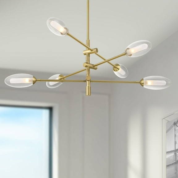 Possini Euro Design Evelyn 33" Modern Chandelier Ceiling Light Fixture Dining Room Over Table Sputnik 6-Light LED Brushed Gold Finish