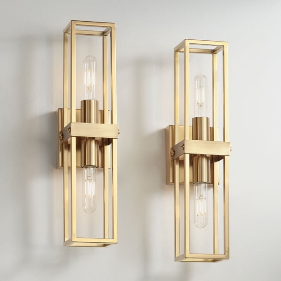 Possini Euro Design Fabian Modern Wall Light Sconces Set of 2 Warm Brass Hardwired 4" 2-Light Fixture Open Rectangular Frame for Bedroom