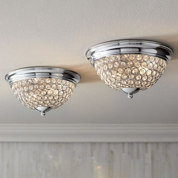 Possini Euro Design Faith Modern Ceiling Light Flush Mount Fixtures 11" Wide Set of 2 Chrome 2-Light Crystal for Bedroom Kitchen Living Room Hallway