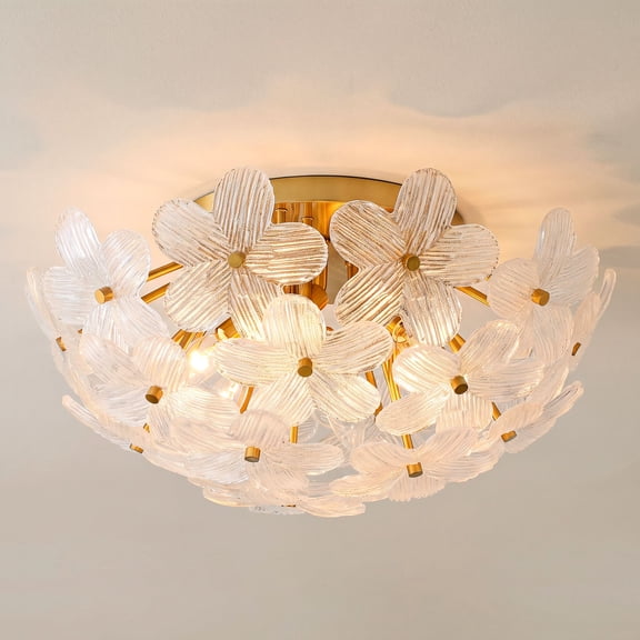 Possini Euro Design Filoli 20" Modern Semi Flush-Mount Ceiling Light Fixture Kitchen Foyer Hallway Flower Unique Gold Finish Glass