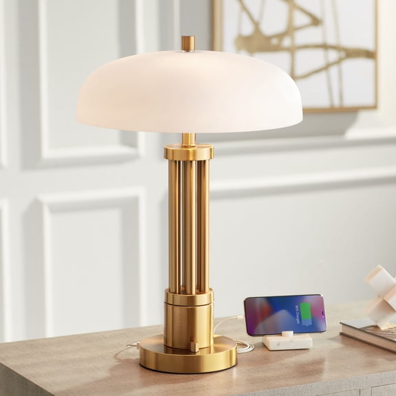 Possini Euro Design Granview 23" High Mid Century Modern Accent Table Lamp Dual USB Ports Brass Metal Glass Dome Shade Charging