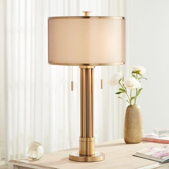 Possini Euro Design Granview Modern Table Lamp 32 1/2" Tall Brass Column Taupe Organza Outer Off White Linen Inner Drum Shade for Bedroom Living Room
