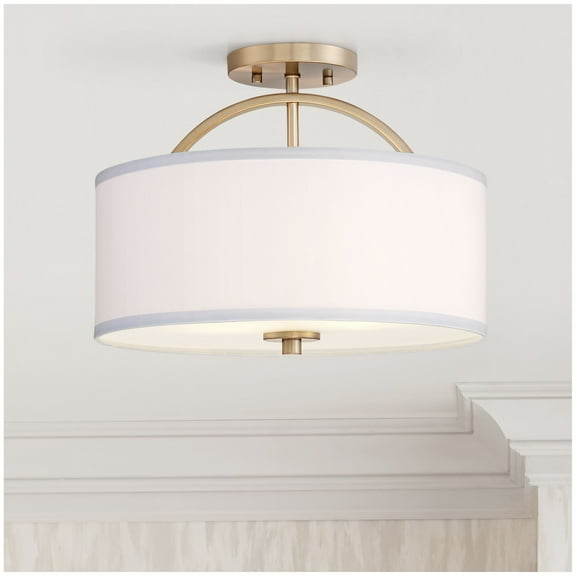 Possini Euro Design Halsted Modern Ceiling Light Semi Flush Mount Fixture 15" Wide Warm Brass 2-Light Oatmeal Linen Drum for Bedroom Living Room House