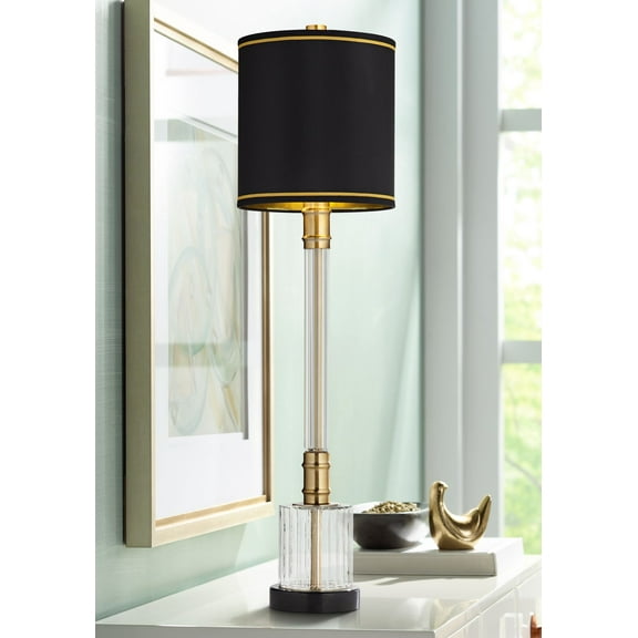 Possini Euro Design Heyden Modern Buffet Table Lamp 34 3/4" Tall Fluted Clear Glass Black Drum Shade for Bedroom Living Room Bedside Office Family
