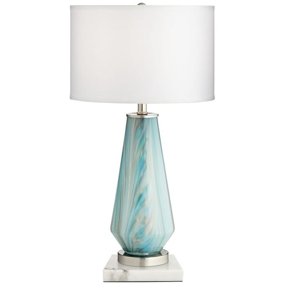 Possini Euro Design Jaime Modern Table Lamp with Square White Marble Riser 26" High Blue Gray Art Glass Drum Shade for Bedroom Living Room Bedside