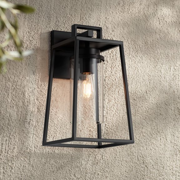 Possini Euro Design Jersey 17" High Modern Outdoor Wall Light Fixture Mount Porch House Weatherproof Matte Black Metal Glass Shade