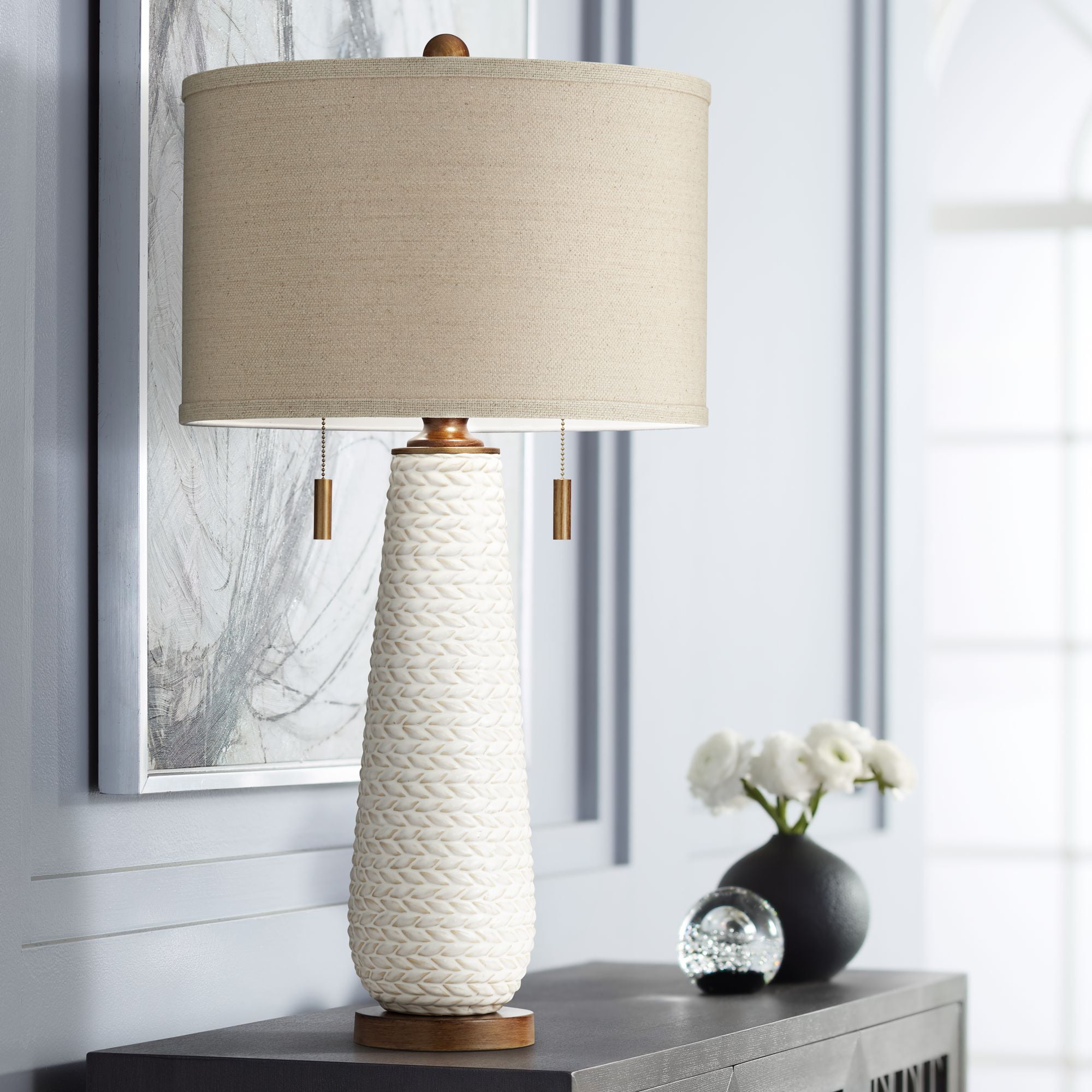 White Grooved Ceramic Table Lamp with Taupe Drum Shade
