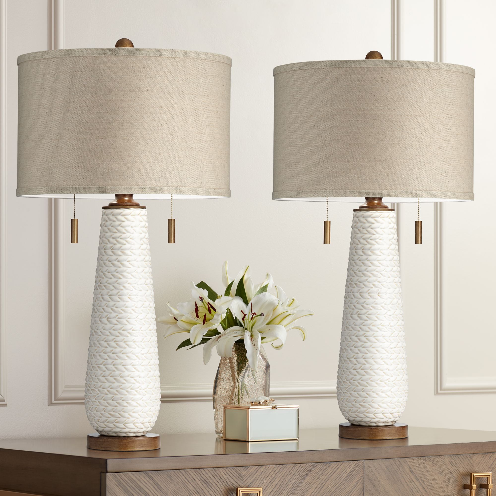 Possini Euro Design Kingston Modern Mid Century Table Lamps 32 3/4" Tall Set of 2 White Textured