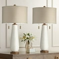 thumbnail image 1 of Possini Euro Design Kingston Modern Mid Century Table Lamps 32 3/4" Tall Set of 2 White Textured Ceramic Taupe Drum Shade for Bedroom Living Room Home, 1 of 9