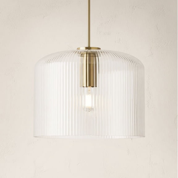 Possini Euro Design Lallie 18" Modern Pendant Ceiling Light Fixture Dining Room Over Table Drum Warm Brass Finish Ribbed Glass