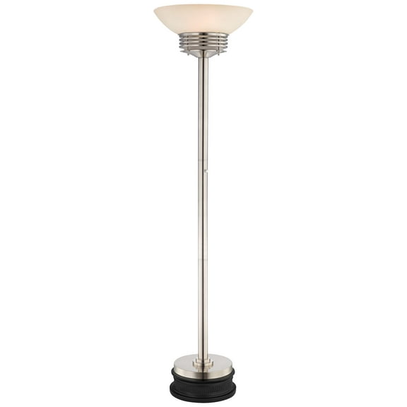 Possini Euro Design Light Blaster Art Deco Torchiere Floor Lamp with Black Riser 76 3/4" Tall Brushed Nickel Frosted Glass Bowl Shade for Living Room