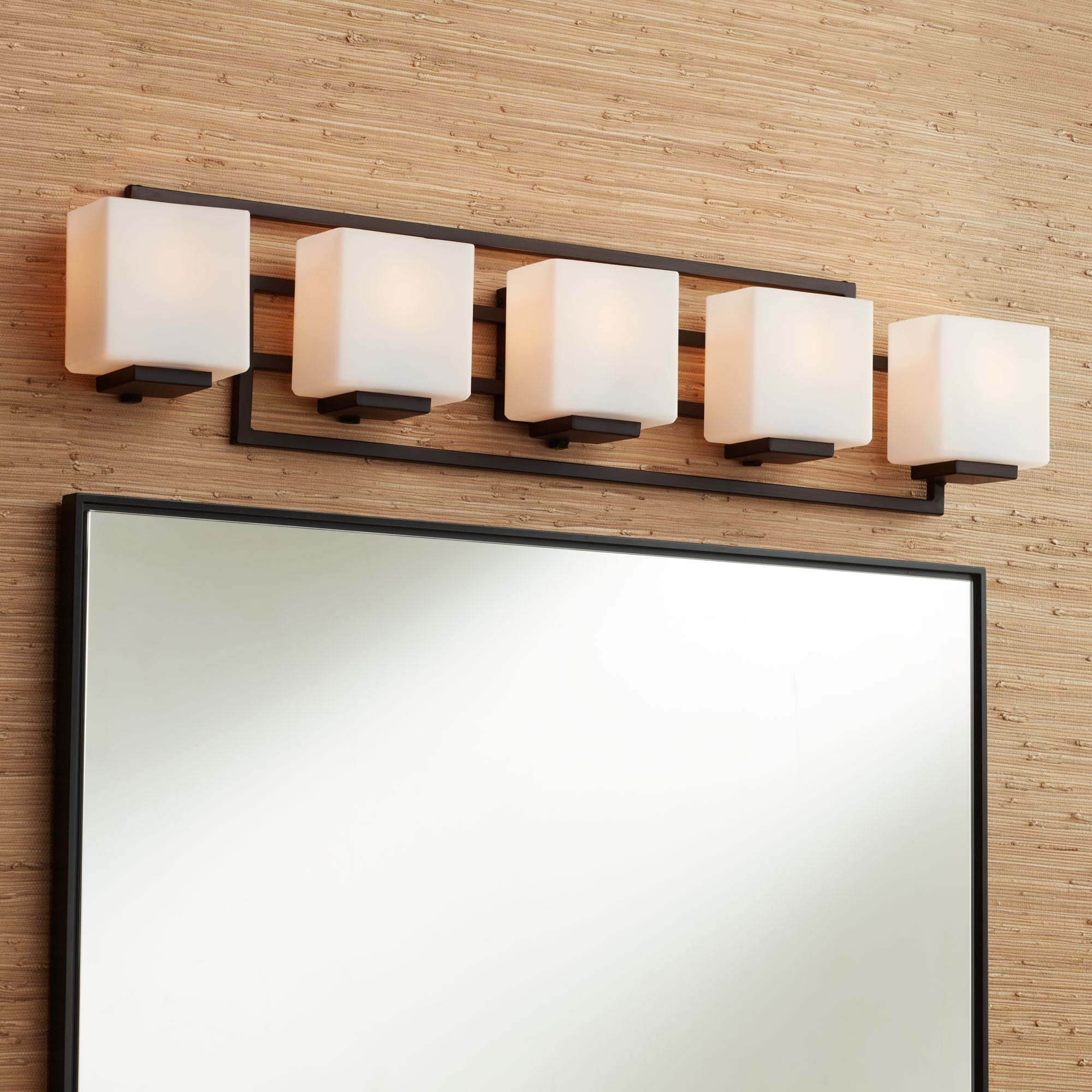 Possini Euro Design Lighting on the Square Modern Wall Light Bronze Hardwire 37" 5-Light Fixture Opal Glass Shade for Bedroom Bathroom Vanity Home