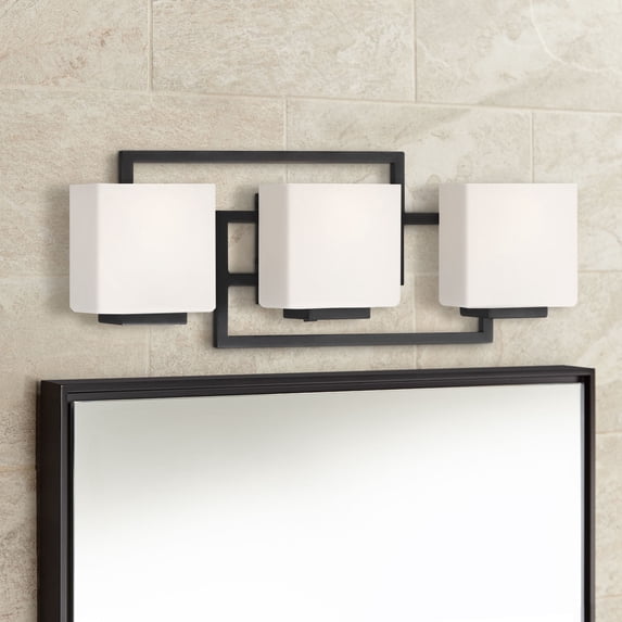 Possini Euro Design Lighting on the Square Modern Wall Light Matte Black Hardwire 21" 3-Light Fixture Opal Glass Shade for Bedroom Bathroom Vanity