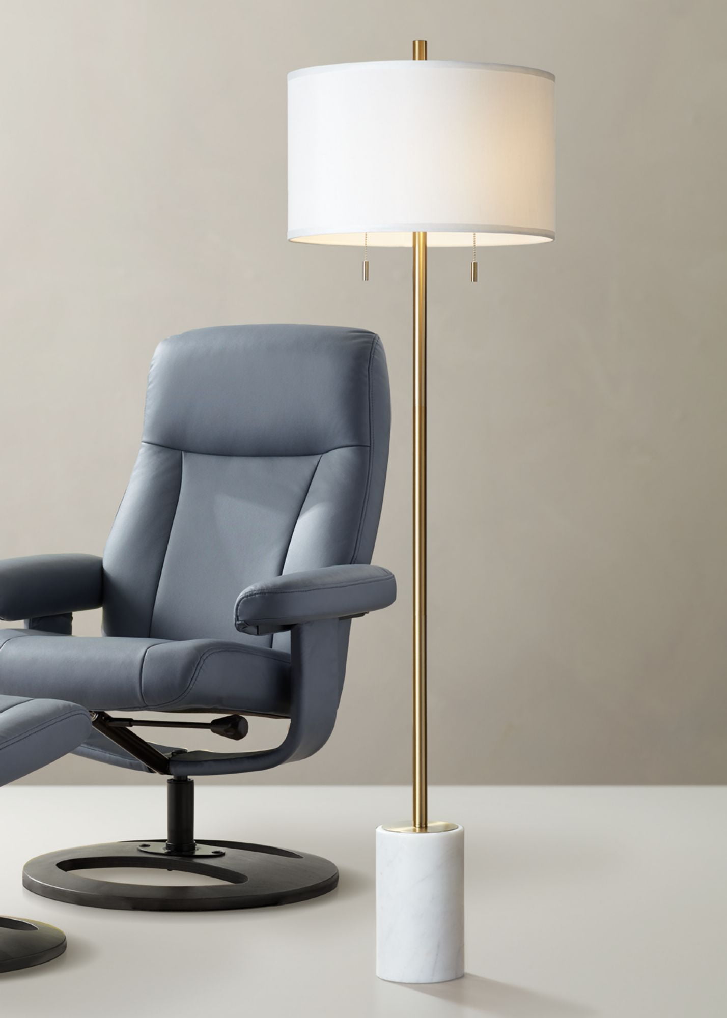 Possini Euro Design Luxe Italian Style Floor Lamp 64" Tall Gold Metal White Linen Drum Shade for Living Room Reading House Bedroom Office