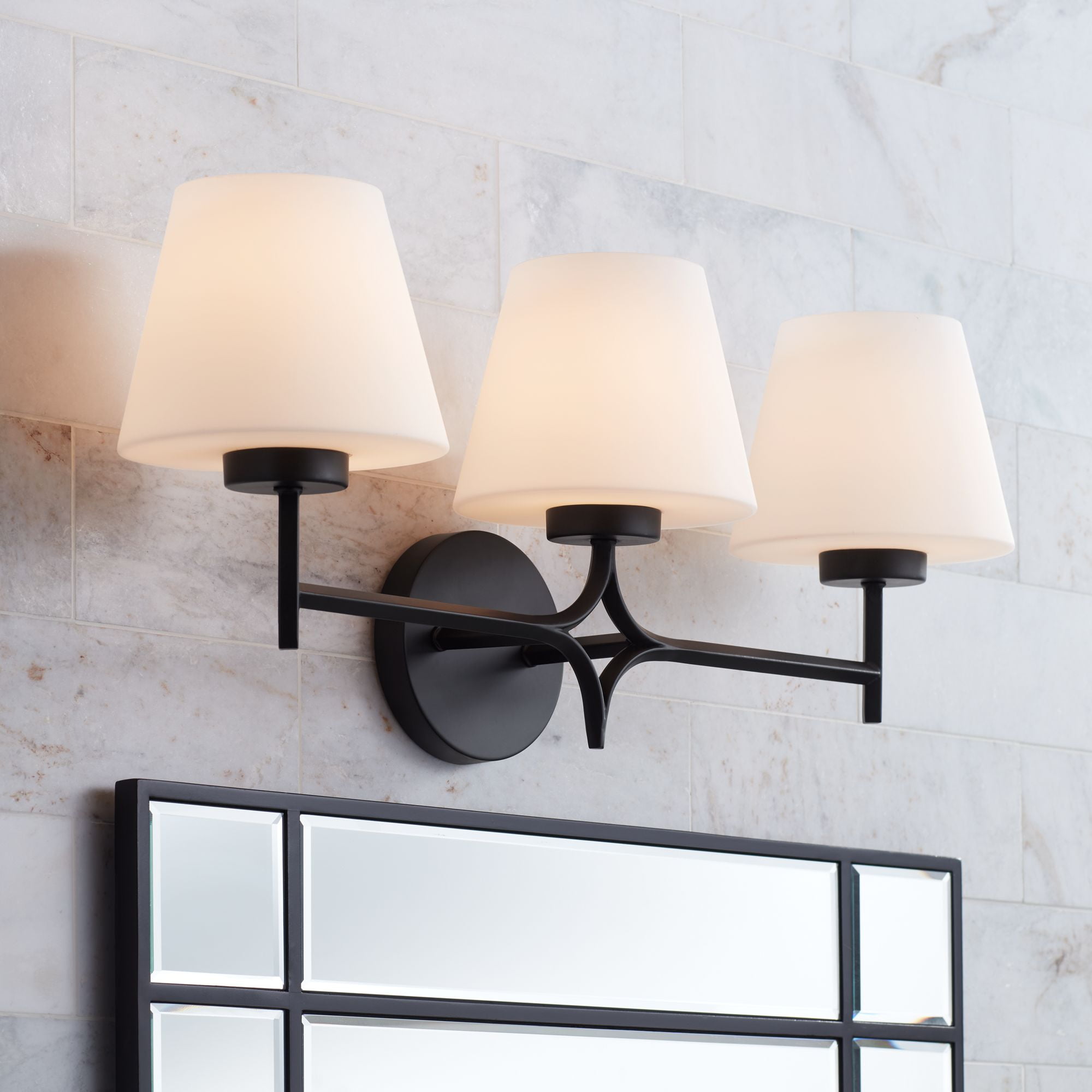Matte Black 3-Light Bathroom Vanity Fixture with White Glass Shades