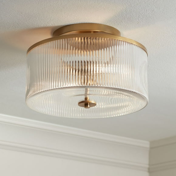 Possini Euro Design McKenzie 14" Mid Century Modern 2-Light Semi Flush-Mount Ceiling Light Fixture Kitchen Drum Warm Brass Finish