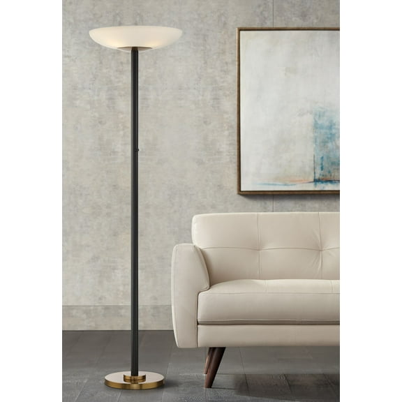 Possini Euro Design Meridian Light Blaster Modern Torchiere Floor Lamp 72" Tall Black Brass LED Frosted Glass Shade for Living Room Bedroom Office