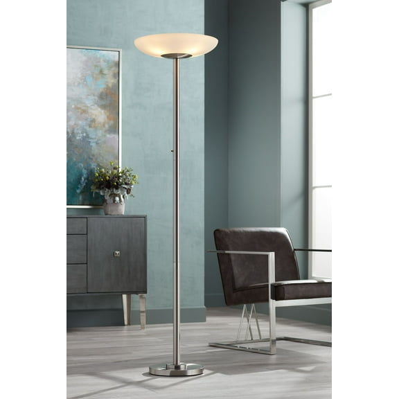 Possini Euro Design Meridian Light Blaster Modern Torchiere Floor Lamp 72" Tall Brushed Nickel LED Frosted Glass Shade for Living Room Bedroom Office