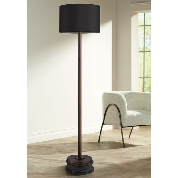 Possini Euro Design Meridian Modern 72" Tall Floor Lamp with Round Riser Oil Rubbed Bronze Light Blaster LED Black Shade for Living Room