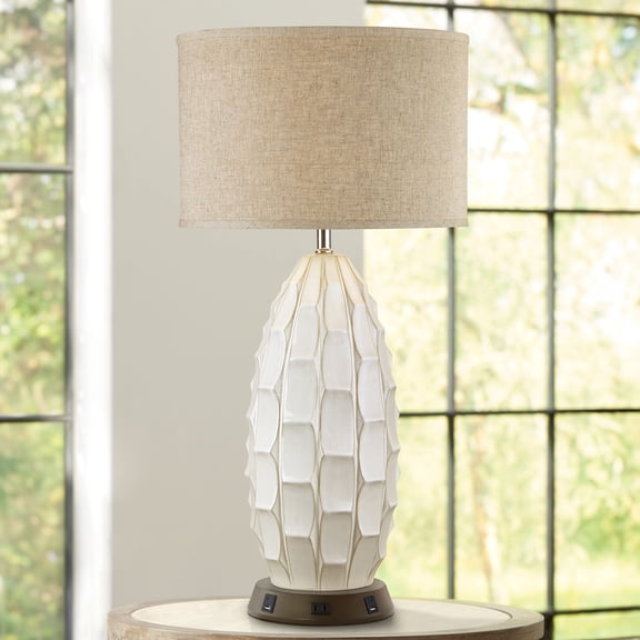 Possini Euro Design Mid Century Coastal Table Lamp with USB and AC Power Outlet Workstation Charging Base 32.75" Tall White Ceramic Living Room