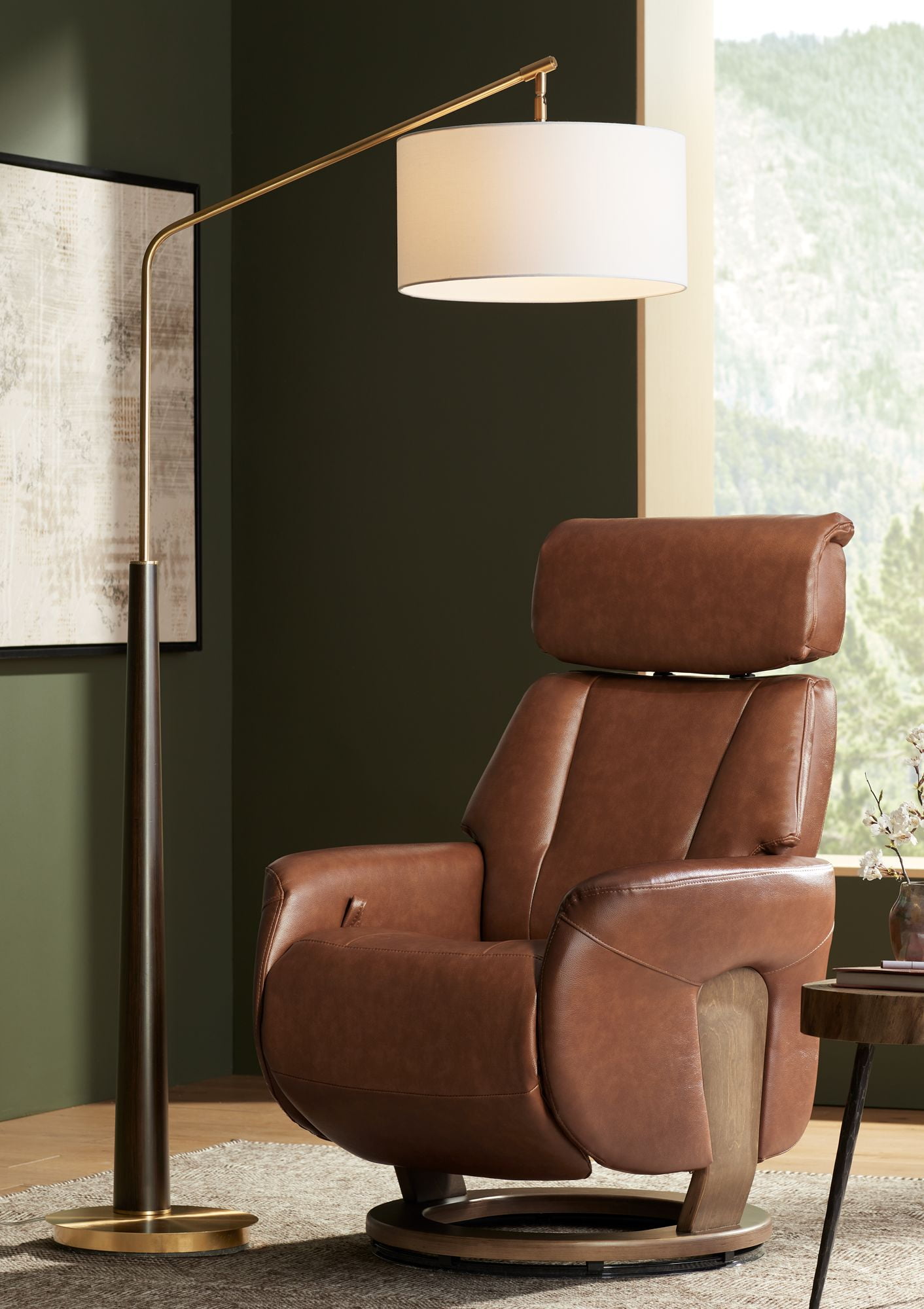 Espresso and Gold Adjustable Arc Floor Lamp with White Linen Shade