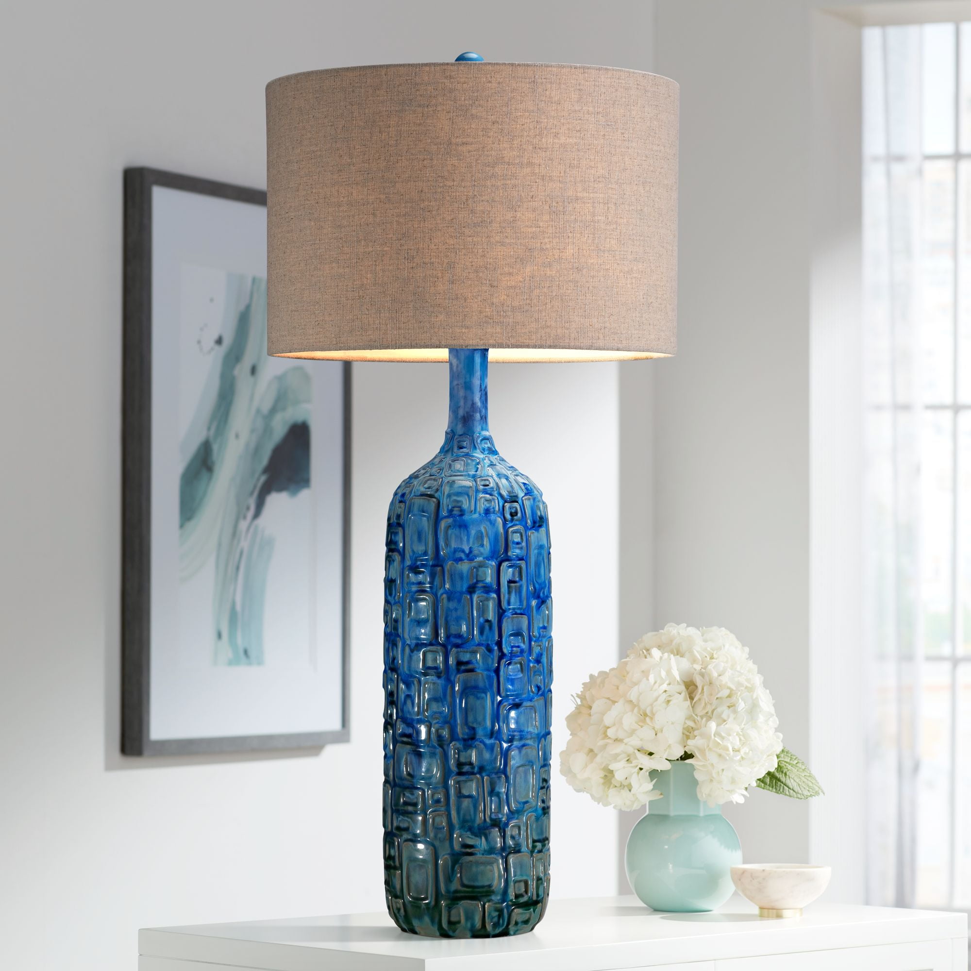 Teal Ceramic Bottle Table Lamp with Beige Fabric Drum Shade
